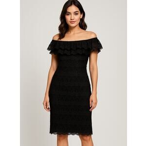 Vintage Tadashi Shoji Lace Raffle Off the Shoulder Dress Black Size S Formal